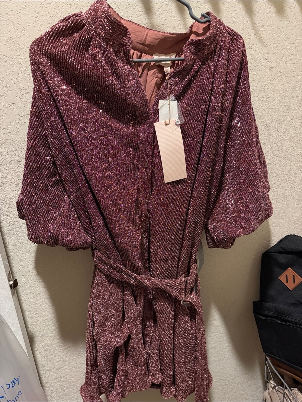 Sequin-Embellished Burgundy Belted Dress